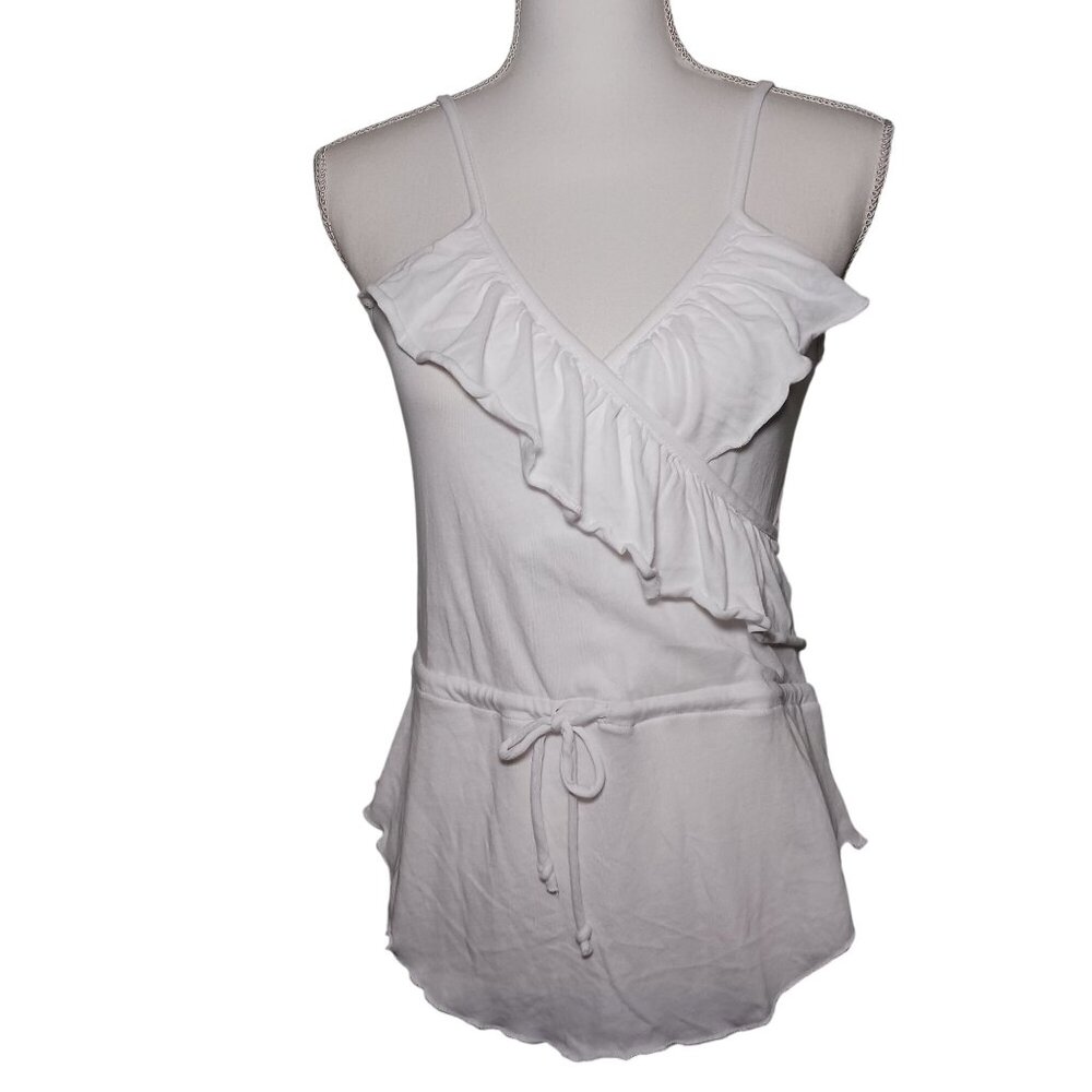 NEW Chaser Suplice Ruffle Tie Waist Scoop Hem Tank‎ Top White Cotton Blouse XS